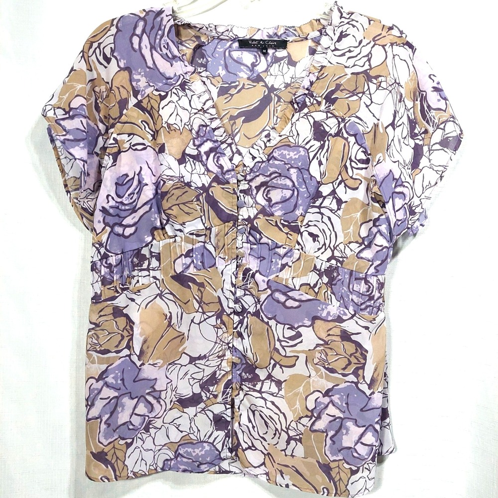 Violet & Claire Womens Sheer Button Up Blouse Size Med‎ Floral Short Slit Sleeve